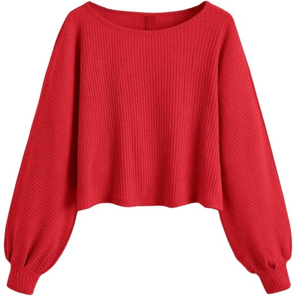 Crewneck Raglan Long Sleeve Ribbed Knit Crop Top Cropped Sweater Red - Picture 1 of 5